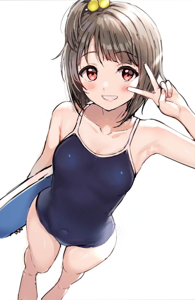 :d alternate_hairstyle arm_up armpits bangs bare_arms blue_swimsuit blunt_bangs blush breasts collarbone covered_navel eyebrows_visible_through_hair from_above hair_ornament hair_scrunchie highres light_brown_hair looking_at_viewer love_live! love_live!_school_idol_festival_all_stars nail_polish nakasu_kasumi one-piece_swimsuit open_mouth red_eyes sankuro_(agoitei) scrunchie simple_background sleeveless small_breasts smile solo swimsuit tied_hair white_background x yellow_scrunchie