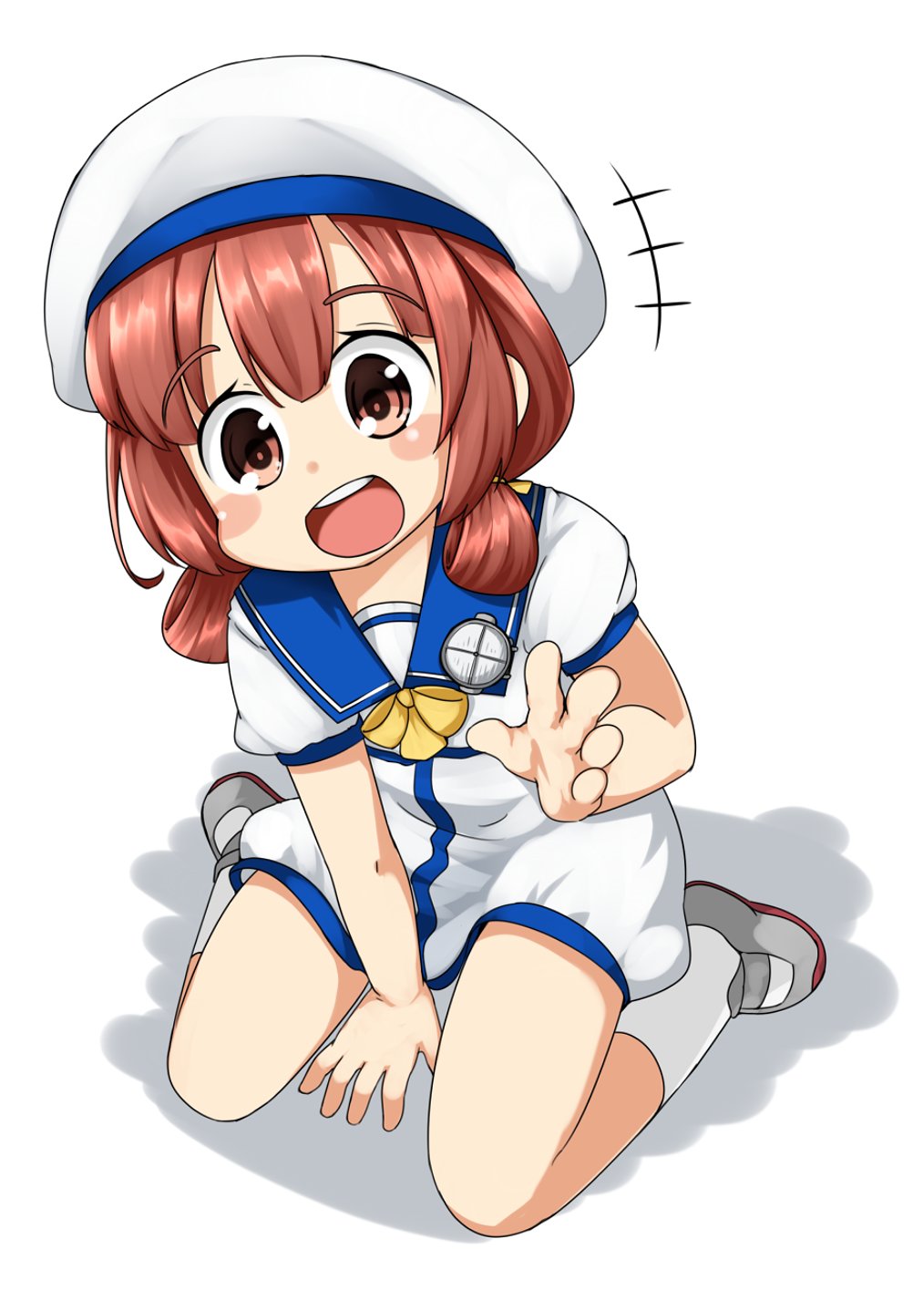 1girl bangs blush_stickers dress eyebrows_visible_through_hair hair_ribbon hair_rings hat highres kaiboukan_no._4_(kantai_collection) kantai_collection kneehighs nassukun open_mouth red_eyes redhead ribbon sailor_collar sailor_dress sailor_hat short_hair simple_background sitting solo white_background white_headwear white_legwear