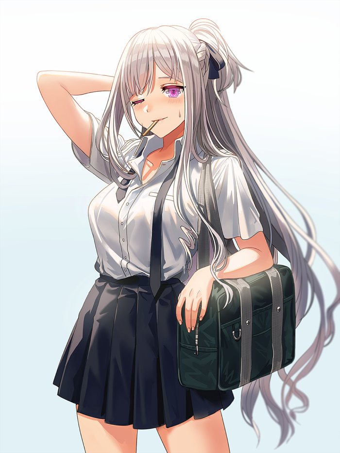 1girl ;) ak-12_(girls_frontline) bag bangs black_neckwear blush braid breasts closed_mouth collarbone collared_shirt french_braid girls_frontline long_hair looking_at_viewer mouth_hold necktie one_eye_closed pleated_skirt ponytail ribbon school_bag shirt sidelocks silence_girl silver_hair skirt smile solo sweatdrop untied very_long_hair violet_eyes white_shirt