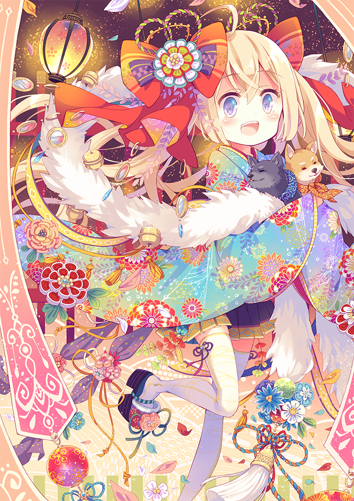 1girl :d ahoge animal bangs blonde_hair bow commentary_request dog eyebrows_visible_through_hair hair_bow holding holding_animal holding_dog japanese_clothes kimono lantern long_hair open_mouth original red_bow smile solo thigh-highs twintails violet_eyes white_legwear yamadori_yoshitomo