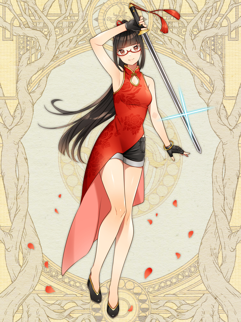 1girl arm_up bangs black_gloves black_hair black_shorts blunt_bangs china_dress chinese_clothes chokutou dairoku_youhei dress fingerless_gloves full_body glasses glint gloves holding holding_sword holding_weapon long_hair looking_at_viewer maruyama_hari ponytail red-framed_eyewear red_dress shorts simple_background standing sword weapon yellow_background