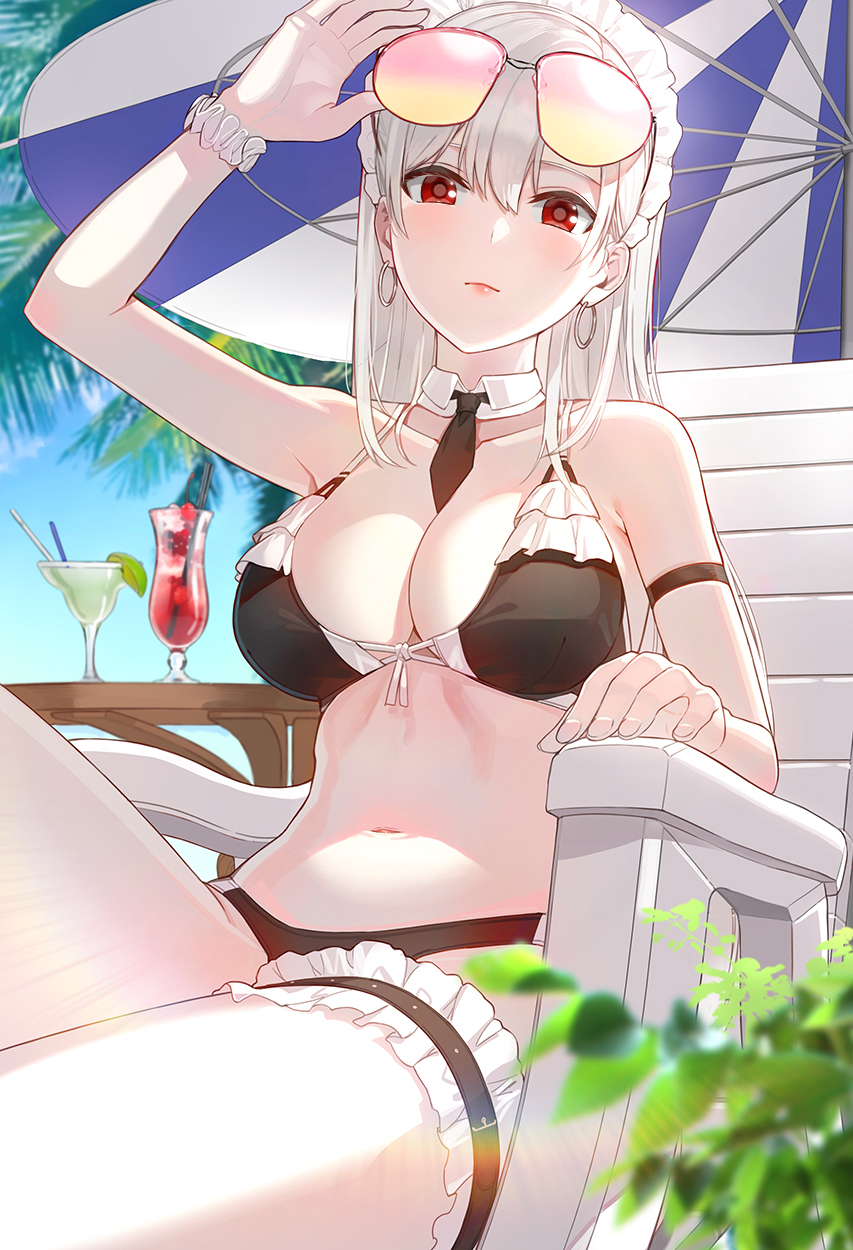 1girl adjusting_eyewear bangs bare_shoulders between_breasts bikini black_bikini blush breasts chair collarbone day detached_collar earrings eyewear_on_head frills highres jewelry kfr large_breasts leg_garter looking_at_viewer lounge_chair maid_bikini maid_headdress navel necktie necktie_between_breasts original outdoors red_eyes scrunchie sitting solo stomach swimsuit thighs tinted_eyewear tropical_drink white_hair wrist_scrunchie