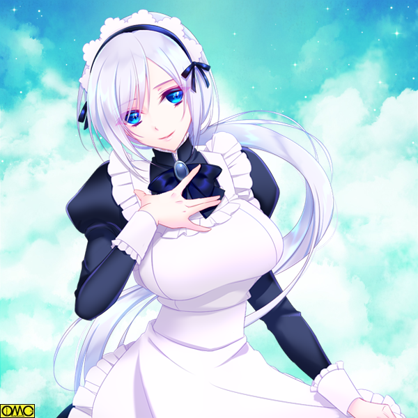 1girl black_bow blue_eyes bow breasts clouds day hand_up large_breasts long_sleeves maid maid_headdress mi3m omc outdoors puffy_long_sleeves puffy_sleeves short_hair silver_hair smile solo upper_body watermark