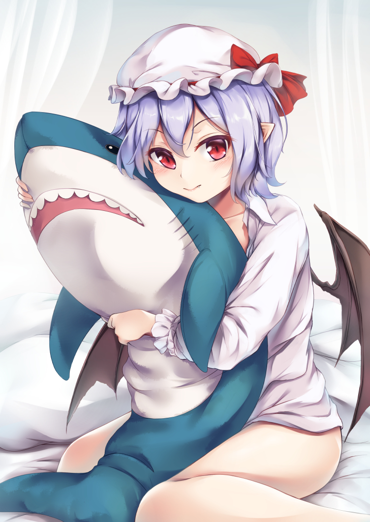 1girl bangs bat_wings bed_sheet blue_hair blush bow brown_wings closed_mouth collarbone collared_shirt commentary_request curtains eyebrows_visible_through_hair fang fang_out hair_between_eyes hat hat_bow hinoka_(allen) ikea_shark long_sleeves mob_cap object_hug pajamas pillow pointy_ears red_bow red_eyes remilia_scarlet shirt sitting solo stuffed_animal stuffed_shark stuffed_toy touhou v-shaped_eyebrows wariza white_headwear white_shirt wings