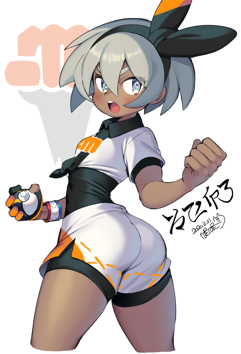 1girl ass bangs black_bodysuit black_hairband blush bodysuit bodysuit_under_clothes clenched_hand collared_shirt commentary_request dark_skin dated dynamax_band gloves grey_eyes grey_hair gym_leader hair_between_eyes hairband highres holding holding_poke_ball iroyopon looking_back open_mouth poke_ball pokemon pokemon_(game) pokemon_swsh print_shirt print_shorts saitou_(pokemon) shirt short_hair short_sleeves shorts single_glove solo teeth tied_shirt tongue upper_teeth
