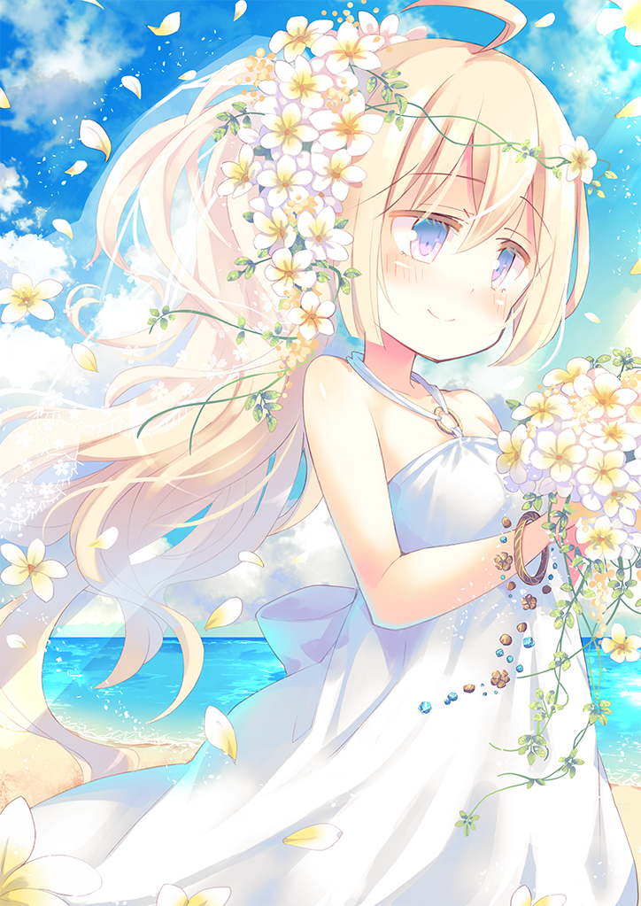 1girl ahoge bangs bare_arms bare_shoulders beach blonde_hair blue_eyes blush bouquet bracelet bridal_veil dress flower hair_flower hair_ornament holding holding_bouquet jewelry long_hair ocean original sky sleeveless sleeveless_dress smile solo standing veil white_dress yamadori_yoshitomo