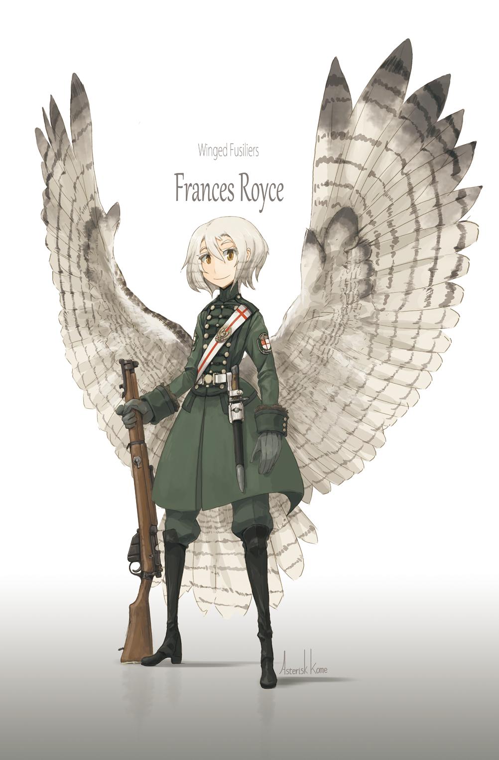 1girl artist_name asterisk_kome bangs bird_wings black_footwear boots character_name coat copyright_name emblem frances_royce full_body gloves gradient gradient_background grey_background grey_coat grey_gloves grey_pants grey_wings gun highres holding holding_gun holding_weapon knee_boots knife long_sleeves low_wings military military_uniform pants rifle sash short_hair signature silver_hair solo spread_wings standing uniform weapon white_background winged_fusiliers wings yellow_eyes