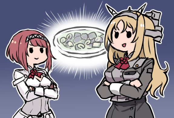 2girls ark_royal_(kantai_collection) blonde_hair brown_gloves buttons closed_mouth corset crossed_arms fingerless_gloves flower food gloves hairband headgear jacket kantai_collection long_hair long_sleeves military military_uniform multiple_girls nelson_(kantai_collection) open_mouth red_flower red_ribbon red_rose redhead ribbon rose short_hair smile terrajin tiara uniform white_jacket