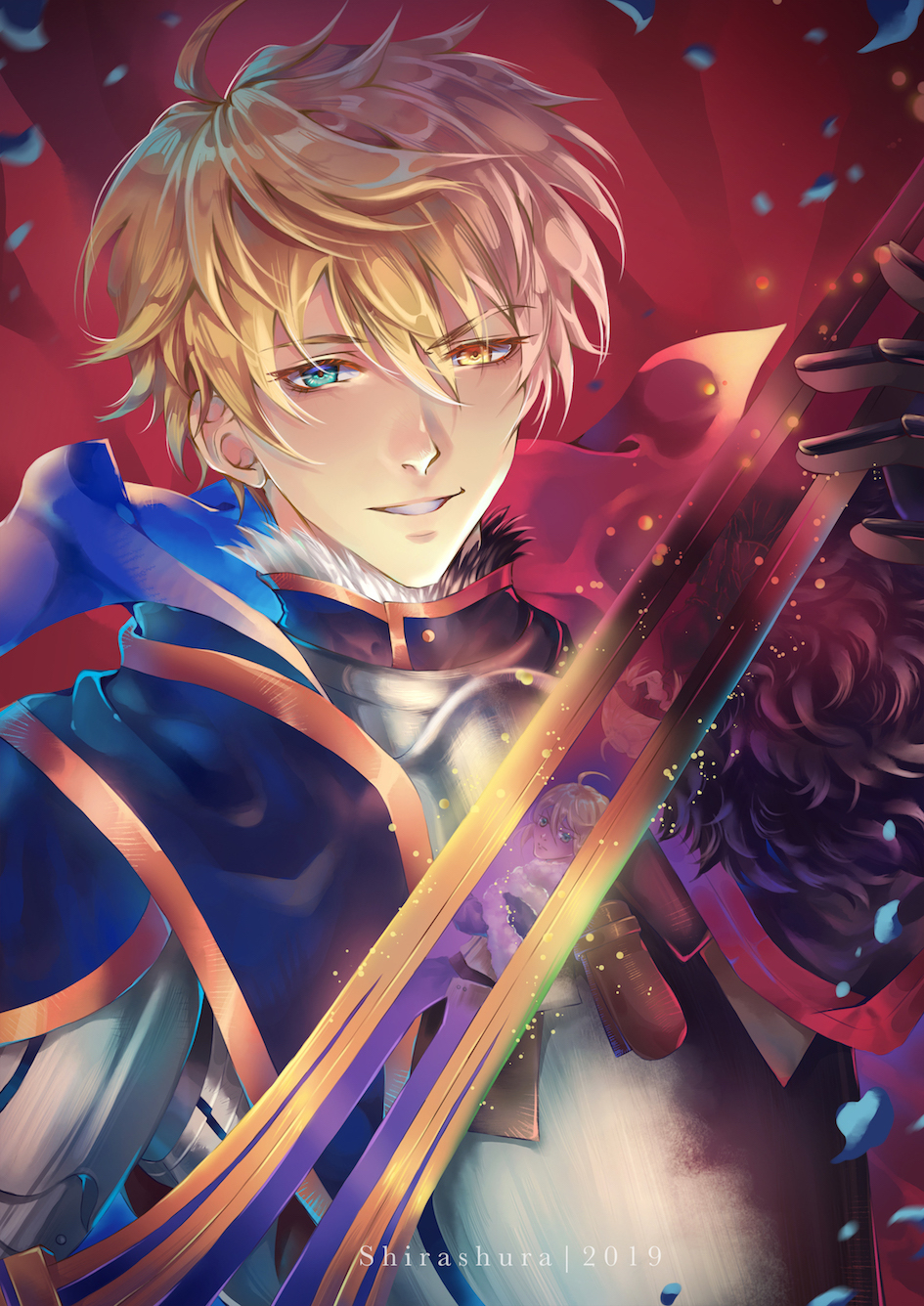 1boy armor armored_dress arthur_pendragon_(fate) artist_name blonde_hair blue_cape blue_dress breastplate cape dated dress excalibur excalibur_(fate/prototype) fate/grand_order fate/prototype fate_(series) gauntlets greaves green_eyes hair_between_eyes highres holding holding_sword holding_weapon looking_at_viewer male_focus pauldrons shirashura short_hair shoulder_armor smile solo sword upper_body weapon