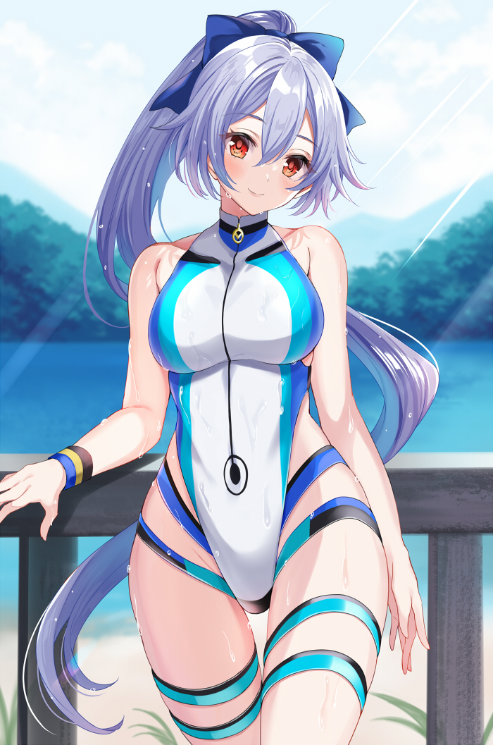 1girl bare_shoulders blue_bow bow breasts collarbone commentary fate/grand_order fate_(series) hair_between_eyes hair_bow harimoji head_tilt large_breasts long_hair looking_at_viewer multicolored multicolored_clothes multicolored_swimsuit ponytail railing red_eyes silver_hair solo swimsuit thigh_strap tomoe_gozen_(fate/grand_order) tomoe_gozen_(swimsuit_saber)_(fate) wet