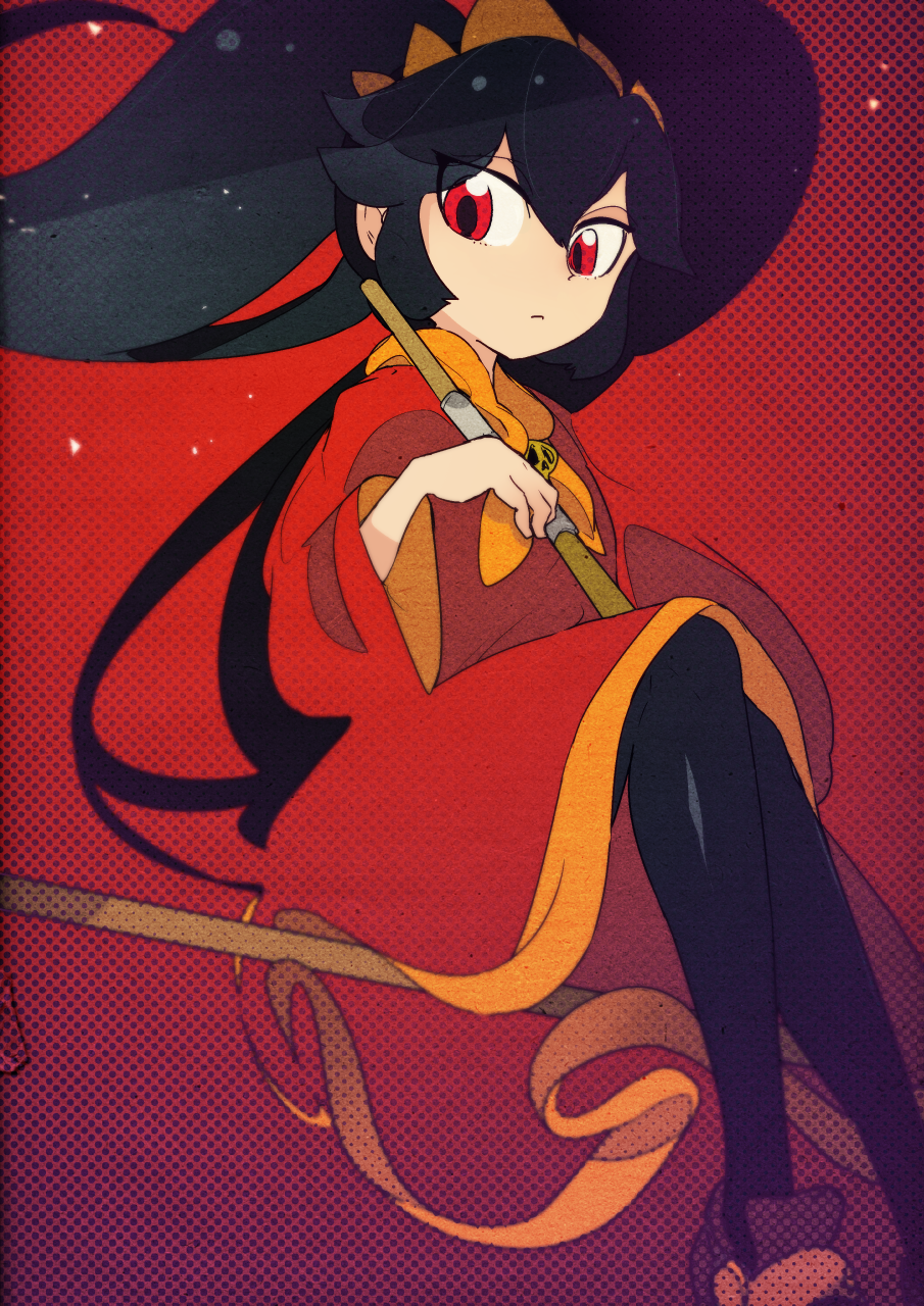 1girl ashley_(warioware) bangs big_hair black_hair black_legwear broom broom_riding closed_mouth commentary dress expressionless flat_chest hairband halftone hand_up highres holding knees_together_feet_apart kuroi_moyamoya long_hair long_sleeves looking_down neckerchief orange_hairband orange_neckwear pantyhose red_background red_dress red_eyes shiny shiny_clothes shiny_hair sidelocks sidesaddle simple_background sitting skull solo tied_hair twintails warioware wide_sleeves
