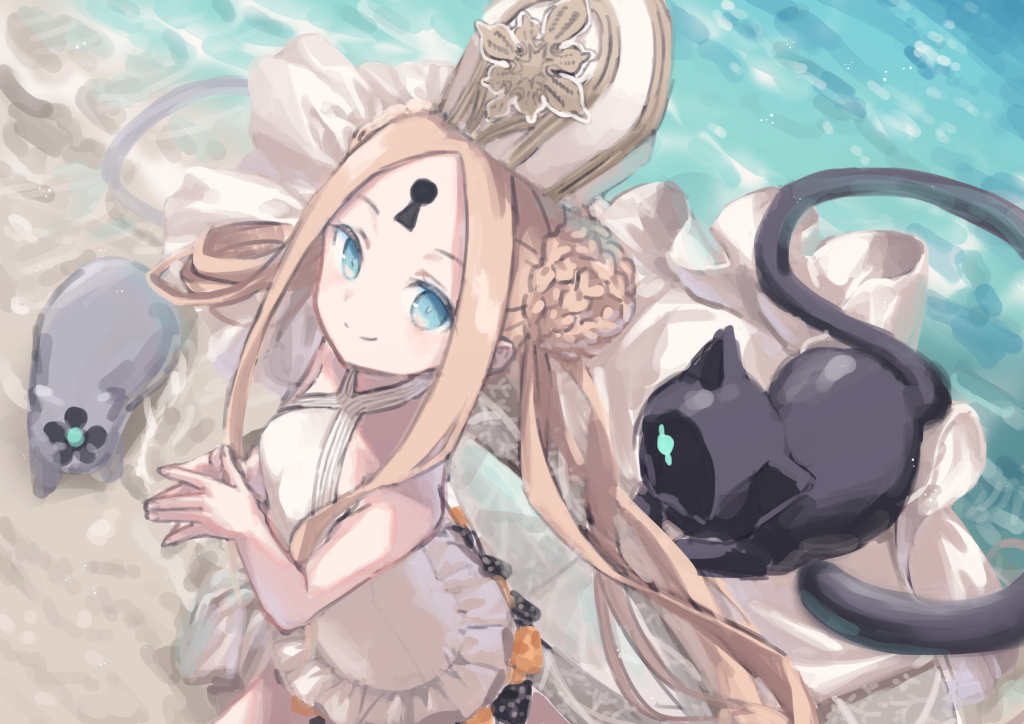 1girl abigail_williams_(fate/grand_order) abigail_williams_(swimsuit_foreigner)_(fate) animal bangs bare_arms bare_shoulders beach black_bow black_cat blue_eyes bow braid breasts brown_hair casual_one-piece_swimsuit cat closed_mouth day double_bun fate/grand_order fate_(series) frilled_swimsuit frills from_above hat keyhole long_hair looking_at_viewer looking_up one-piece_swimsuit orange_bow outdoors parted_bangs polka_dot polka_dot_bow sand sidelocks small_breasts smile solo steepled_fingers swimsuit very_long_hair water white_headwear white_swimsuit yumeichigo_alice