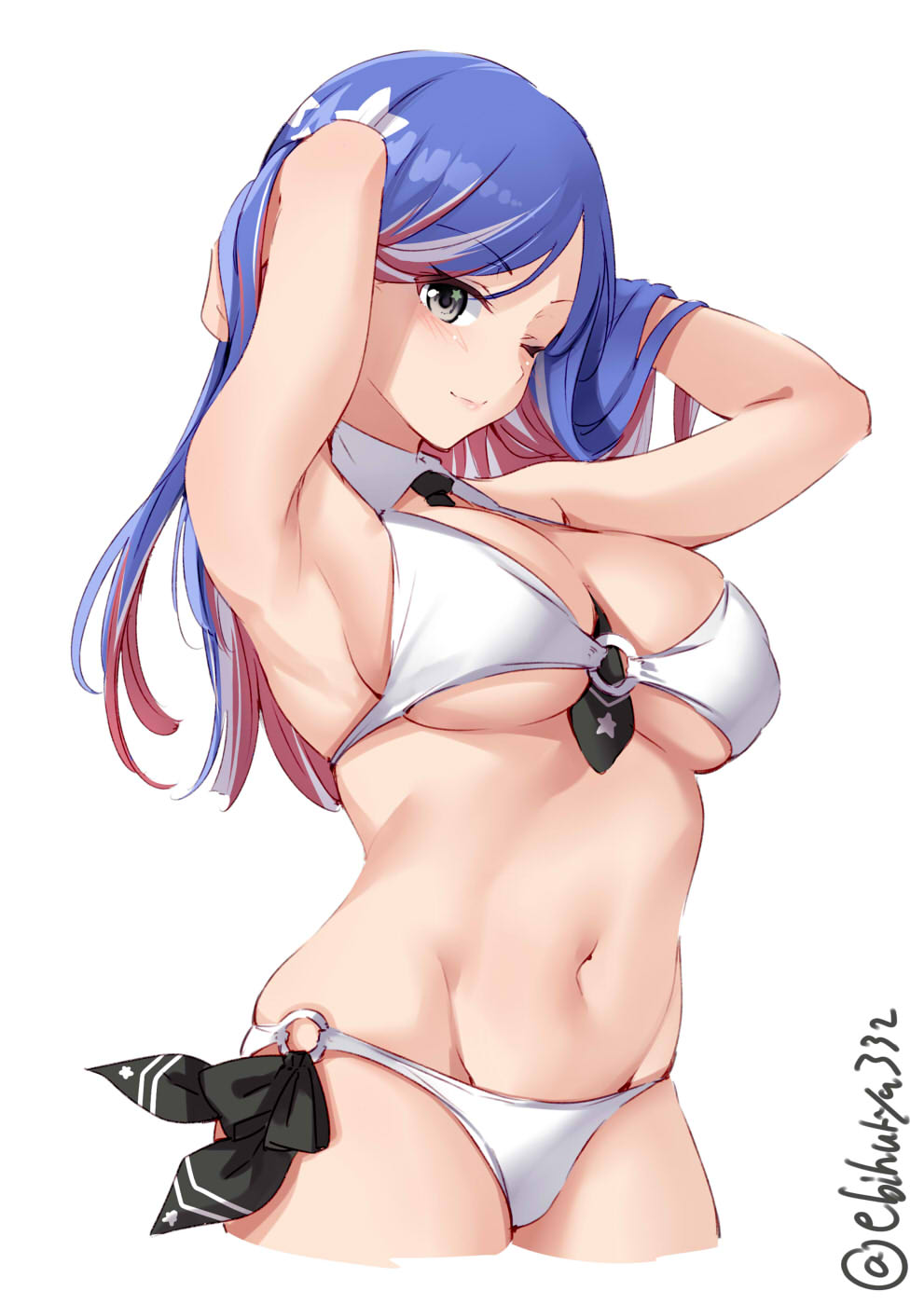 1girl adapted_costume armpits bikini black_neckwear blue_hair blush breasts closed_mouth cropped_legs detached_collar ebifurya eyebrows_visible_through_hair grey_eyes groin hands_in_hair highres kantai_collection large_breasts long_hair navel necktie o-ring o-ring_bikini one_eye_closed redhead sideboob simple_background solo south_dakota_(kantai_collection) star-shaped_pupils star_(symbol) star_print swimsuit symbol-shaped_pupils twitter_username white_background white_bikini white_hair