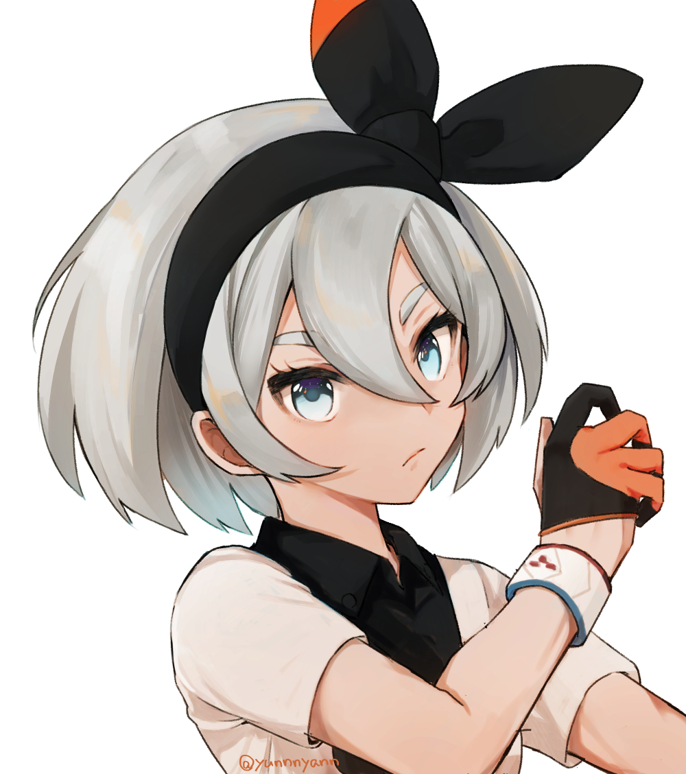 1girl bangs black_hairband blue_eyes bow_hairband closed_mouth collared_shirt commentary dynamax_band eyelashes gloves grey_hair gym_leader hair_between_eyes hairband hand_up looking_at_viewer partly_fingerless_gloves pokemon pokemon_(game) pokemon_swsh saitou_(pokemon) shirt short_hair short_sleeves solo upper_body yun_(yunjirou)
