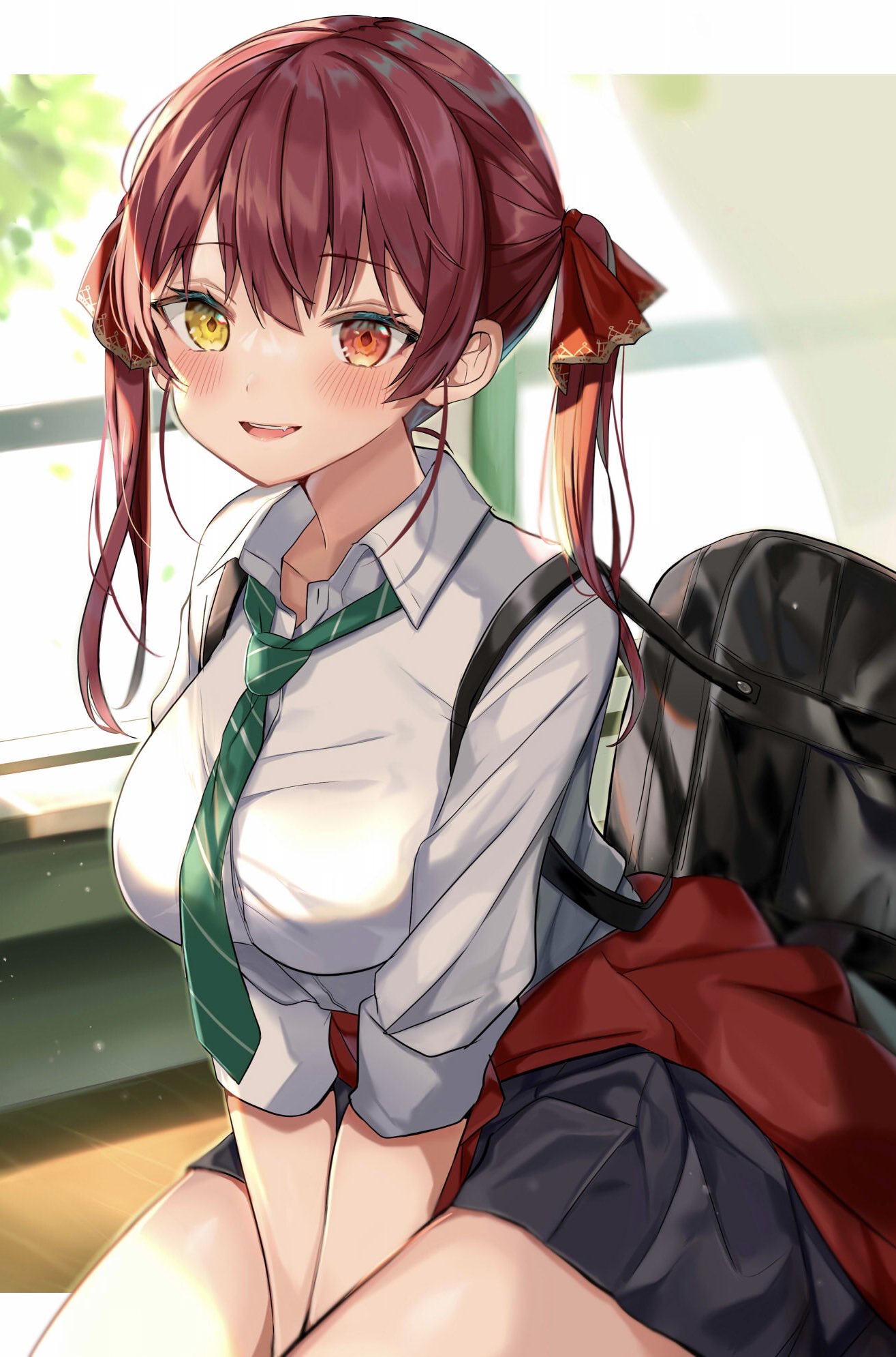 1girl bag bangs between_legs blush breasts clothes_around_waist collared_shirt dress_shirt eyebrows_visible_through_hair green_neckwear hair_between_eyes hair_ribbon hand_between_legs heterochromia highres hololive houshou_marine indoors large_breasts long_hair long_sleeves looking_at_viewer miniskirt necktie open_mouth pleated_skirt red_eyes red_ribbon redhead ribbon satoupote school_bag school_uniform shirt sitting skirt sleeves_folded_up smile solo sweater sweater_around_waist twintails v_arms virtual_youtuber white_shirt yellow_eyes