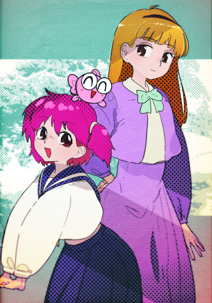 2girls bangs blonde_hair blue_sailor_collar blue_skirt blush bow bowtie brown_eyes clenched_hand closed_mouth commentary eyebrows_visible_through_hair fish fujinomiya_chitose goldfish green_neckwear gyopi hair_tie hairband halftone hand_on_hip hands_together happy highres interlocked_fingers jacket kingyo_chuuihou! kuroi_moyamoya light_blush long_hair long_sleeves looking_at_another looking_at_viewer midriff multiple_girls neckerchief one_side_up open_clothes open_jacket open_mouth outstretched_arms pink_hair pleated_skirt purple_jacket purple_skirt red_eyes red_hairband sailor_collar school_uniform serafuku shiny shiny_hair shirt short_hair skirt smile standing tied_hair wapiko white_shirt yellow_neckwear
