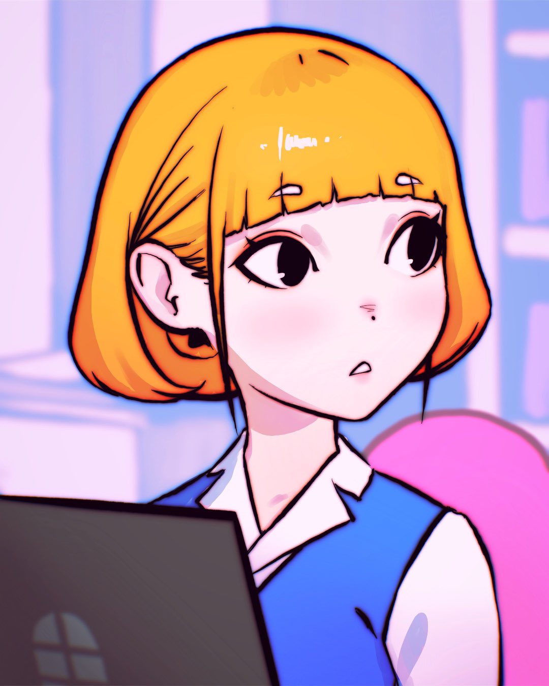 1girl aggressive_retsuko bangs black_eyes blunt_bangs bob_cut collared_shirt computer eyebrows_visible_through_hair eyeliner highres humanization ilya_kuvshinov laptop long_eyelashes makeup office_lady orange_hair retsuko shirt short_eyebrows short_hair vest