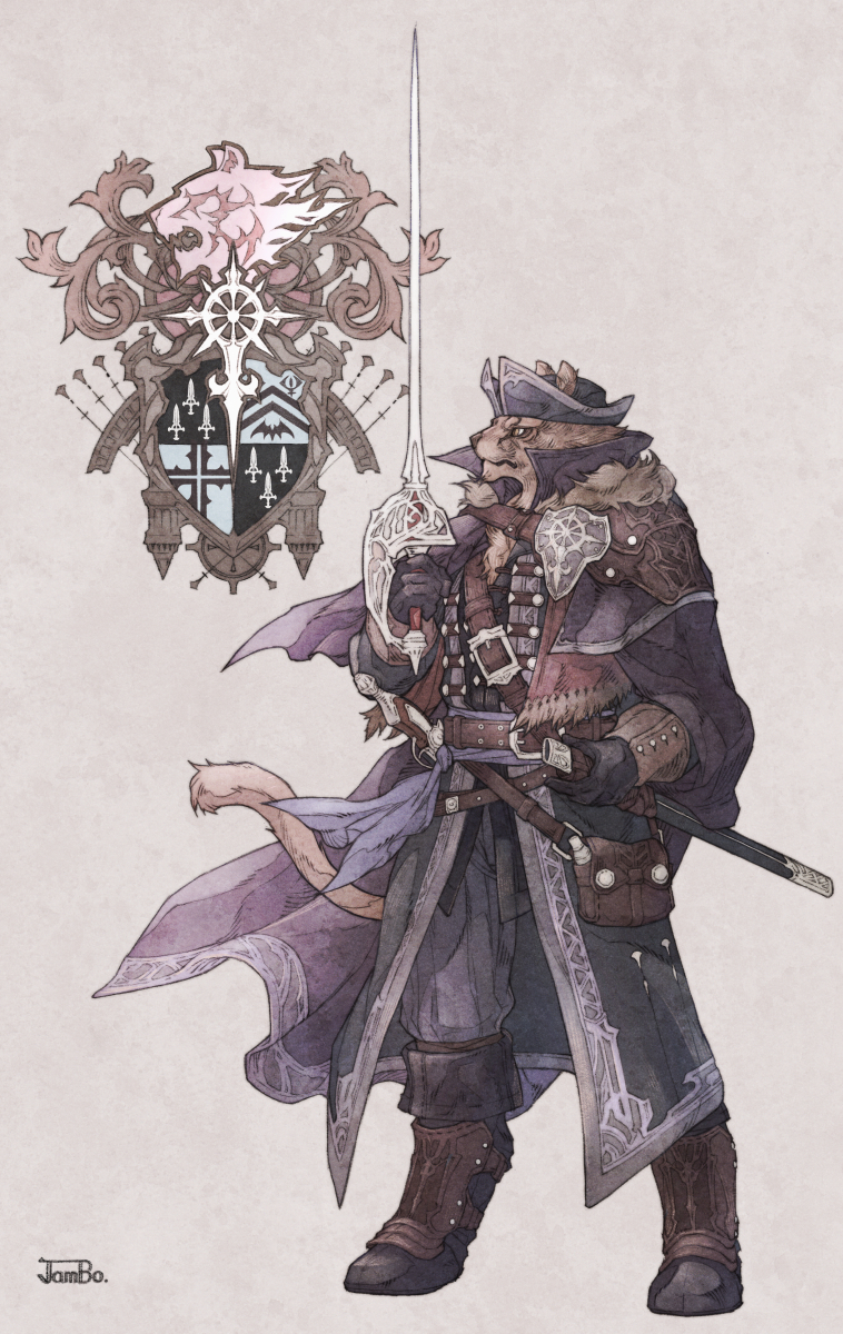 1boy antique_firearm boots coat commentary ds_hand55 ears_through_headwear emblem fantasy firearm furry gloves gun hat highres holding holding_sword holding_weapon male_focus original rapier scabbard sheath simple_background solo sword tail weapon
