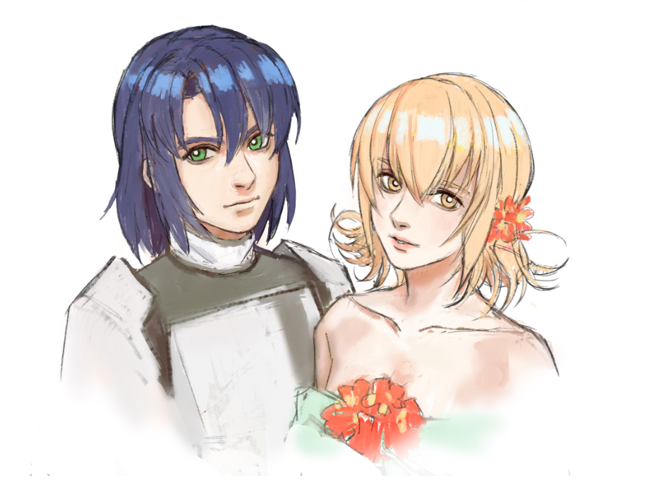 1boy 1girl athrun_zala blonde_hair blue_hair cagalli_yula_athha dress flower green_dress green_eyes gundam gundam_seed hair_flower hair_ornament looking_to_the_side nekkikamille white_background yellow_eyes