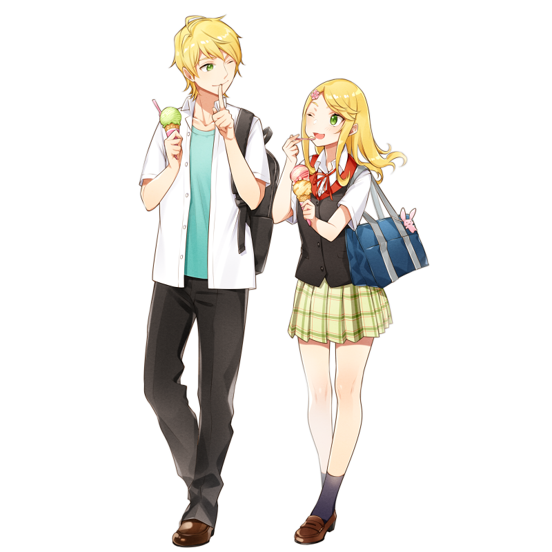 1boy 1girl backpack bag bag_charm black_pants black_vest blonde_hair bookbag brother_and_sister brown_footwear charm_(object) eye_contact food green_eyes green_skirt holding holding_spoon ice_cream ice_cream_cone index_finger_raised looking_at_another maruyama_hari official_art one_eye_closed pants plaid plaid_skirt rakkami! siblings skirt spoon vest