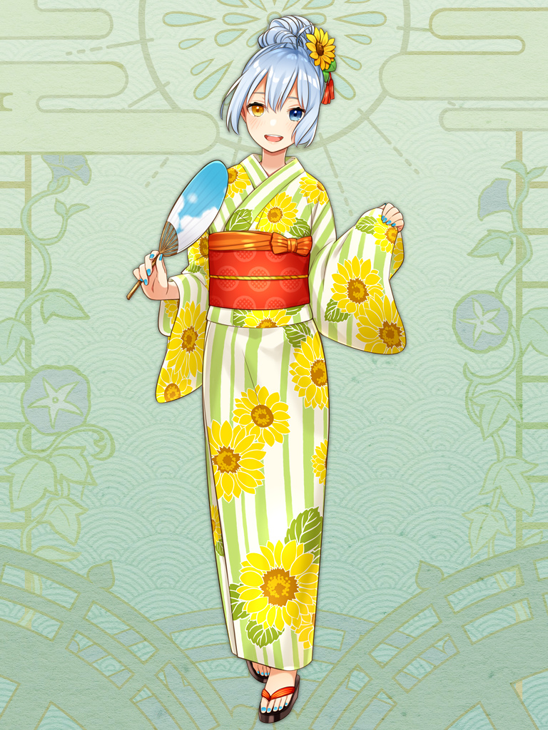 1girl blue_eyes blue_nails dairoku_youhei double_bun fan floral_print flower full_body grey_background hair_bun hair_flower hair_ornament heterochromia japanese_clothes kimono maruyama_hari nail_polish paper_fan silver_hair simple_background sunflower uchiwa wide_sleeves yellow_eyes yellow_kimono yukata