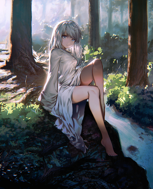 1girl barefoot breasts commentary_request day forest long_hair long_sleeves looking_at_viewer matsuzou_(ochrefish) nature original outdoors sitting small_breasts solo stream tree water white_hair