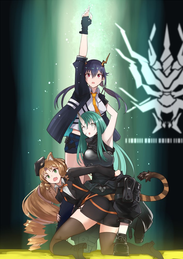 3girls animal_ears arknights arm_up armor armpits ass bangs bare_arms bare_shoulders black_gloves black_shirt blue_hair blue_jacket breastplate brown_hair ch'en_(arknights) commentary_request dragon_horns fingerless_gloves gloves great_lungmen_logo green_eyes hair_between_eyes high_collar horns hoshiguma_(arknights) jacket long_hair looking_at_viewer multiple_girls necktie open_clothes open_jacket open_mouth red_eyes shirt sleeveless sleeveless_shirt swire_(arknights) tail tiger_ears tiger_tail white_shirt yellow_neckwear yuzuruka_(bougainvillea)