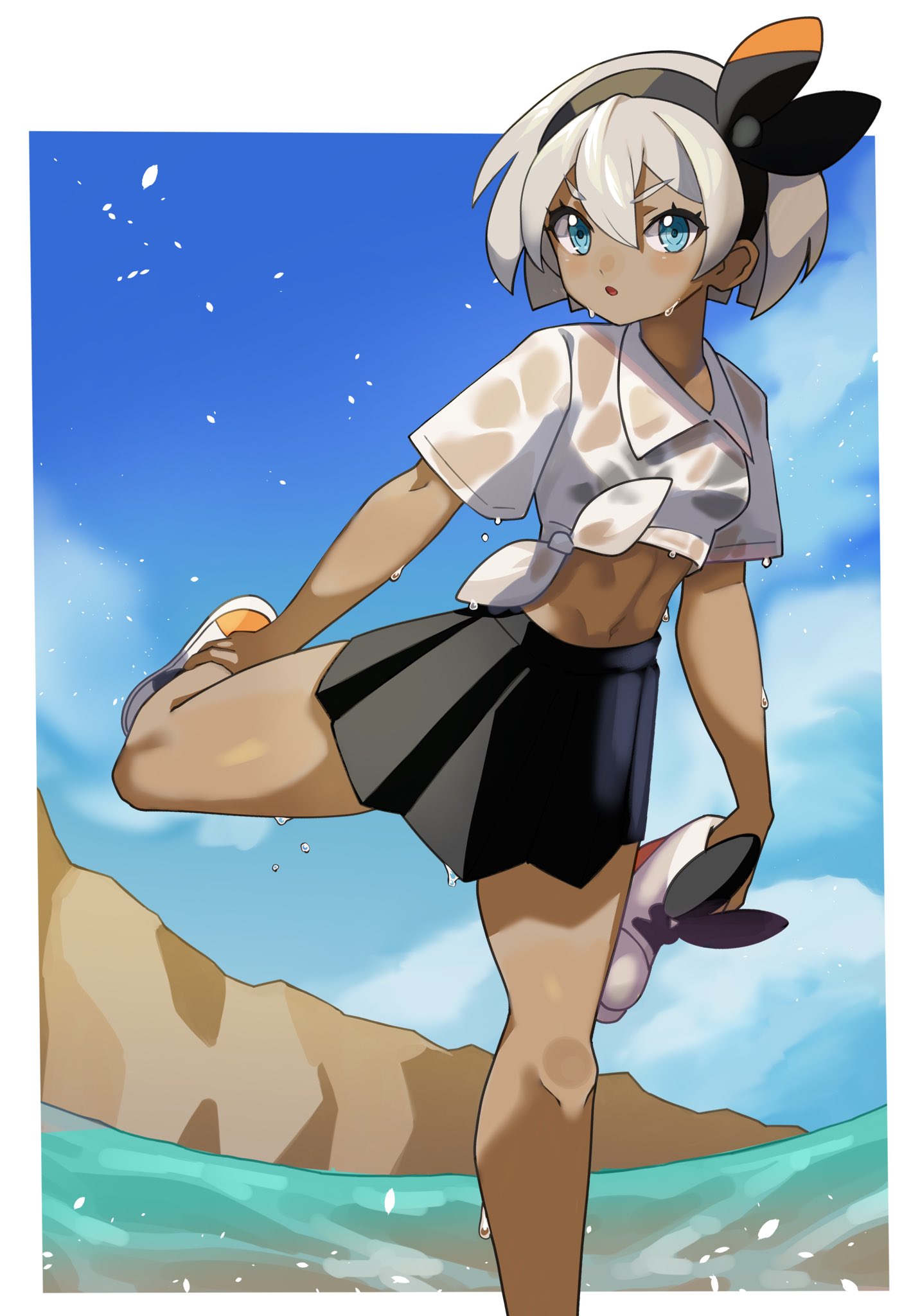 1girl :o bangs black_hairband black_skirt blue_eyes blush clouds collared_shirt commentary_request dark_skin day eyebrows_visible_through_hair eyelashes grey_hair hair_between_eyes hairband highres holding holding_clothes holding_footwear katwo knees looking_at_viewer outdoors pokemon pokemon_(game) pokemon_swsh saitou_(pokemon) shirt shoe_removed shoes short_hair short_sleeves skirt sky solo standing standing_on_one_leg tied_shirt wet wet_clothes wet_shirt white_shirt