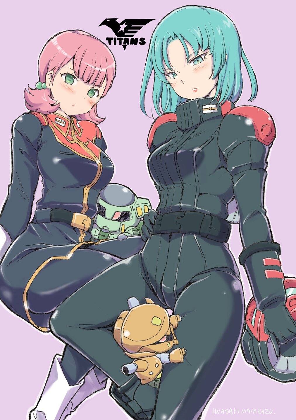 2girls blue_eyes blue_hair bolinoak_sammahn chibi gabthley green_eyes gundam helmet highres holding holding_helmet iwasaki_masakazu looking_down mecha military military_uniform mouar_pharaoh multiple_girls one-eyed pilot_suit pink_background pink_hair sarah_zabiarov sitting uniform zeta_gundam