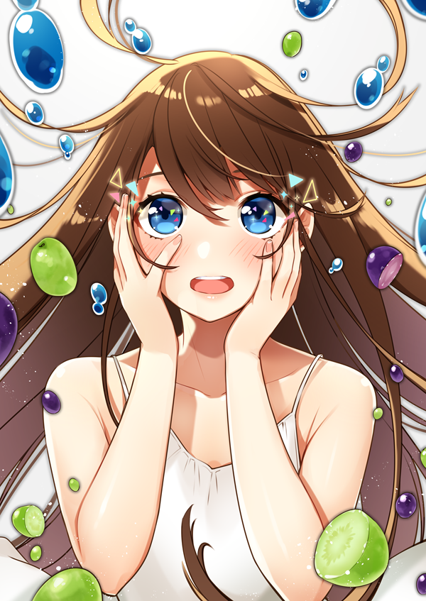 1girl blue_eyes brown_hair dress droplet food fruit grapes hands_on_own_cheeks hands_on_own_face hands_up long_hair looking_at_viewer maruyama_hari original simple_background upper_body white_background white_dress