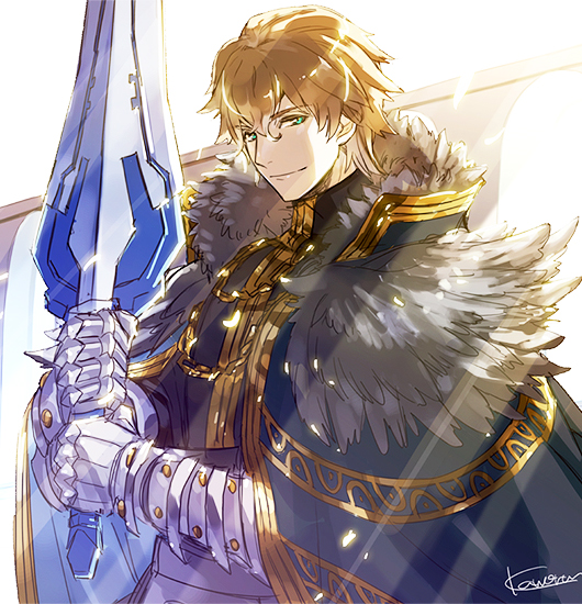 1boy armor black_gloves blonde_hair blue_cape blue_eyes cape collared_cape excalibur_galatine fate/extra fate/grand_order fate_(series) fur_collar gauntlets gawain_(fate/extra) gloves holding holding_sword holding_weapon kaworu_(kaw_lov) knight knights_of_the_round_table_(fate) long_sleeves looking_at_viewer male_focus short_hair signature smile solo sword upper_body weapon