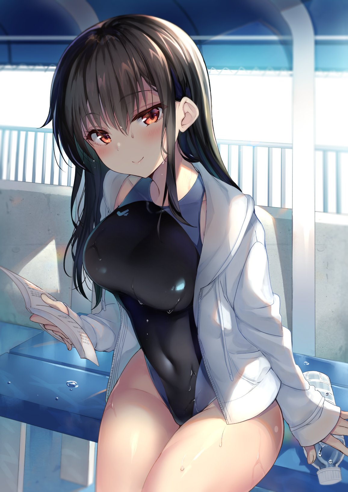 1girl black_hair black_swimsuit book bottle breasts competition_swimsuit covered_navel highleg highleg_swimsuit highres holding jacket large_breasts long_hair long_sleeves looking_at_viewer one-piece_swimsuit open_clothes open_jacket original red_eyes sanshoku_amido sidelocks sitting smile solo swimsuit thighs water_bottle wet white_jacket