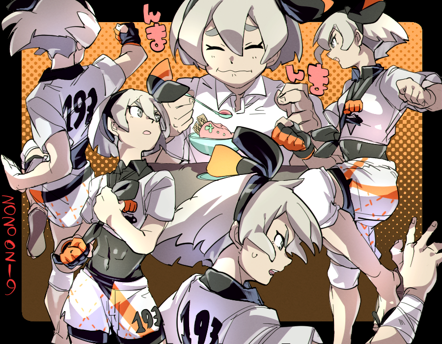 1girl bangs black_bodysuit black_hairband bodysuit bodysuit_under_clothes bowl closed_eyes collared_shirt commentary_request covered_navel eating food gloves grey_eyes grey_hair gym_leader hair_between_eyes hairband hands_up holding holding_spoon knee_pads kuga_hotaru leg_up multiple_views pokemon pokemon_(game) pokemon_swsh print_shirt print_shorts saitou_(pokemon) sandals shirt short_hair short_sleeves shorts single_glove spoon tied_shirt toes translation_request white_shirt