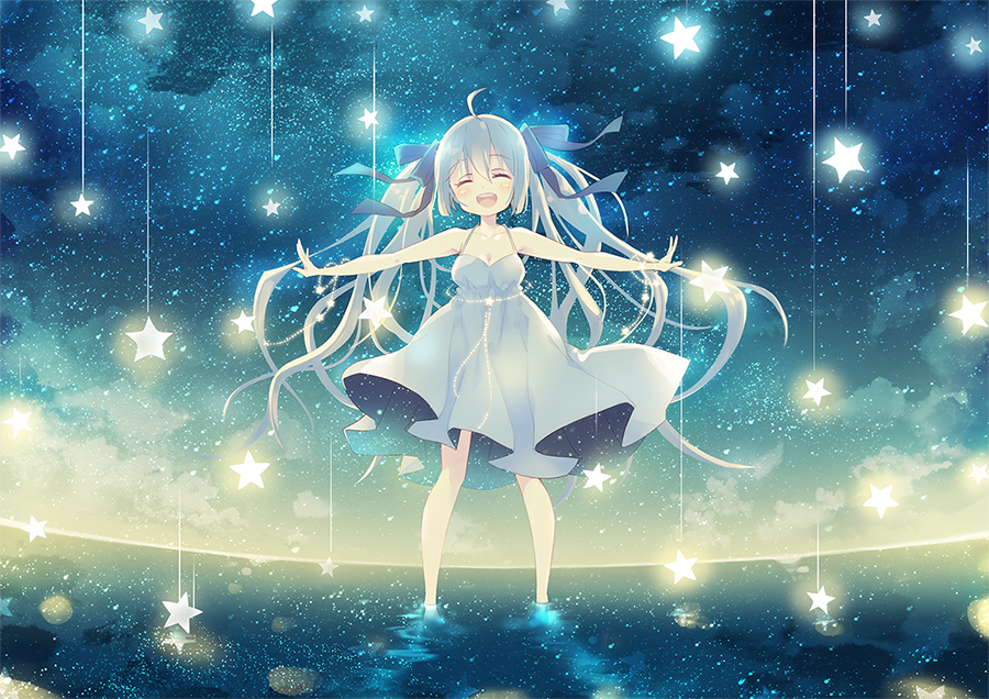 1girl ^_^ ^o^ ahoge bangs bare_arms bare_shoulders black_ribbon closed_eyes collarbone commentary_request dress eyebrows_visible_through_hair grey_dress grey_hair hair_ribbon long_hair open_mouth original outstretched_arms ribbon sky sleeveless sleeveless_dress smile solo spread_arms standing star_(sky) star_(symbol) starry_sky t-pose water yamadori_yoshitomo