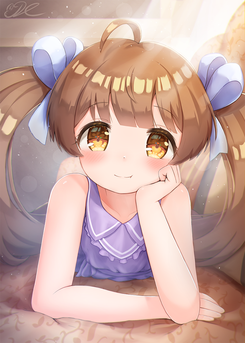 1girl bangs blush brown_eyes brown_hair elbow_rest hair_ribbon hakozaki_serika highres idolmaster idolmaster_million_live! idolmaster_million_live!_theater_days j2l long_hair looking_at_viewer lying on_stomach ribbon smile solo twintails