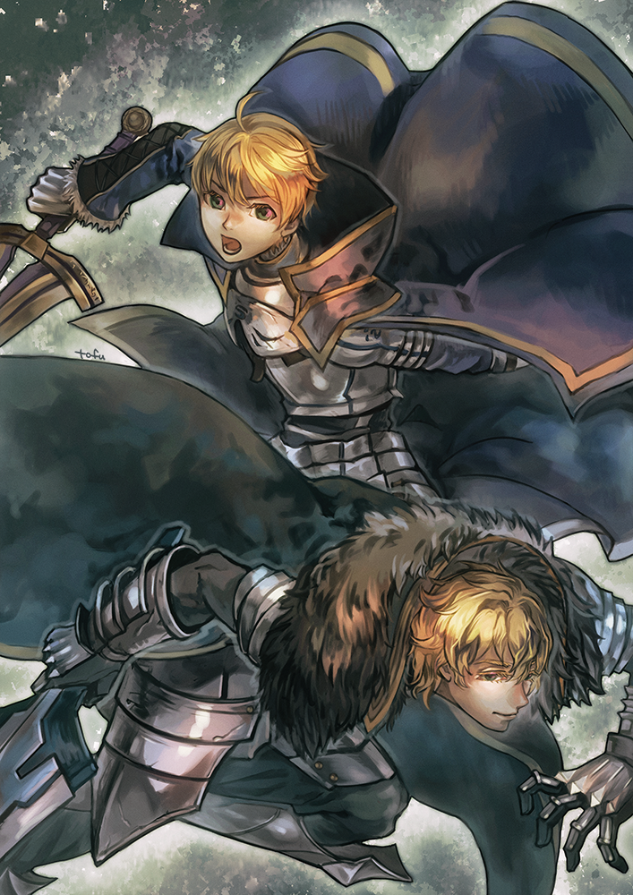 2boys armor armored_boots armored_dress arthur_pendragon_(fate) blonde_hair blue_cape blue_dress boots breastplate cape dress excalibur excalibur_(fate/prototype) fate/grand_order fate/prototype fate_(series) faulds gauntlets gawain_(fate/extra) gawain_(fate/grand_order) greaves green_eyes hair_between_eyes holding holding_sword holding_weapon kassen looking_at_viewer male_focus multiple_boys open_mouth pauldrons short_hair shoulder_armor solo_focus sword weapon