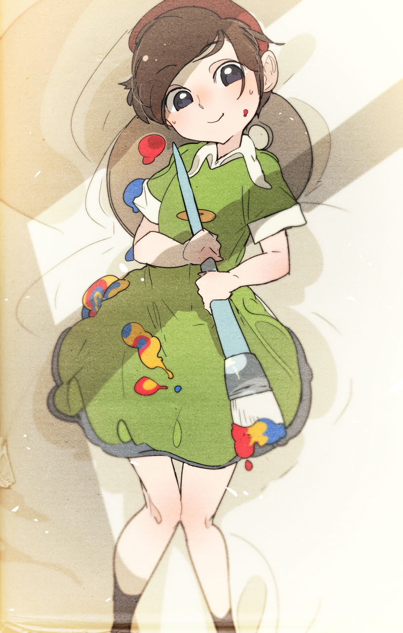 1girl adeleine bed_sheet beret black_eyes black_legwear blush brown_hair closed_mouth commentary dress eyebrows_visible_through_hair flat_chest from_above green_dress hands_up happy hat head_tilt highres holding kirby_(series) knees_together_feet_apart kuroi_moyamoya light_blush looking_at_viewer lying nose_blush on_back paint paintbrush palette red_headwear short_hair short_sleeves smile socks solo splatter sweat white_background