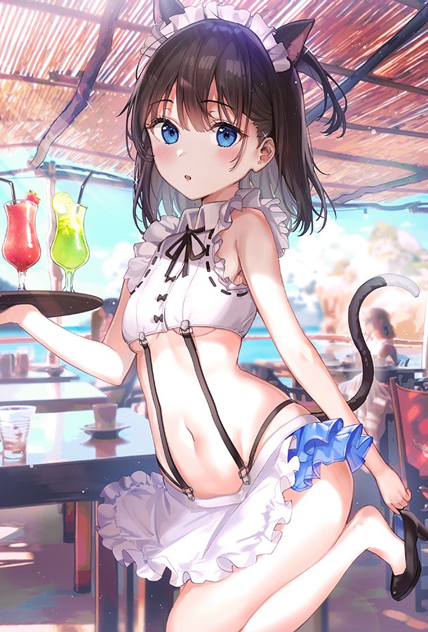 1girl animal_ears apron bare_arms bare_shoulders black_footwear black_hair blue_eyes blurry breasts cat_ears cat_girl cat_tail collared_shirt crop_top cup day depth_of_field drinking_glass drinking_straw frilled_shirt frills high_heels hurricane_glass leg_up looking_at_viewer maid maid_apron maid_headdress medium_hair microskirt midriff navel neck_ribbon one_side_up original parted_lips rangu ribbon shirt skirt sleeveless sleeveless_shirt small_breasts solo stomach suspenders tail thighs tray under_boob waist_apron white_shirt