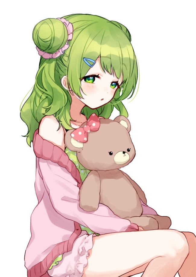 1girl bangs bare_shoulders blush bow camisole double_bun eyebrows_visible_through_hair feet_out_of_frame frilled_shorts frills green_camisole green_eyes green_hair hair_ornament hairclip jacket knees_together_feet_apart long_hair long_sleeves looking_at_viewer morinaka_kazaki nijisanji off_shoulder open_clothes open_jacket parted_lips pink_bow pink_jacket pink_shorts polka_dot polka_dot_bow polka_dot_camisole short_shorts shorts simple_background sitting sleeves_past_wrists solo stuffed_animal stuffed_toy teddy_bear two_side_up virtual_youtuber white_background yamabukiiro