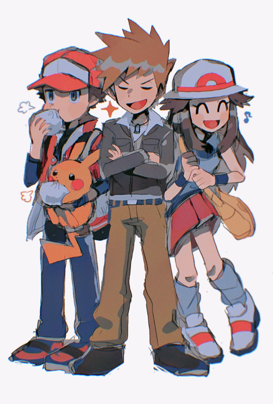 1girl 2boys bag belt black_footwear blue_eyes blue_gloves blush brown_bag brown_hair brown_pants closed_eyes creature crossed_arms dumpling eating fingerless_gloves food gen_1_pokemon gloves grey_background highres hinann_bot holding holding_food holding_pokemon jacket jewelry leaf_(pokemon) long_hair multiple_boys musical_note necklace ookido_green open_clothes open_jacket open_mouth pants pikachu pokemon pokemon_(creature) pokemon_(game) pokemon_rgby red_(pokemon) red_headwear red_jacket red_skirt simple_background single_glove sketch skirt smile sparkle standing tongue white_footwear wristband