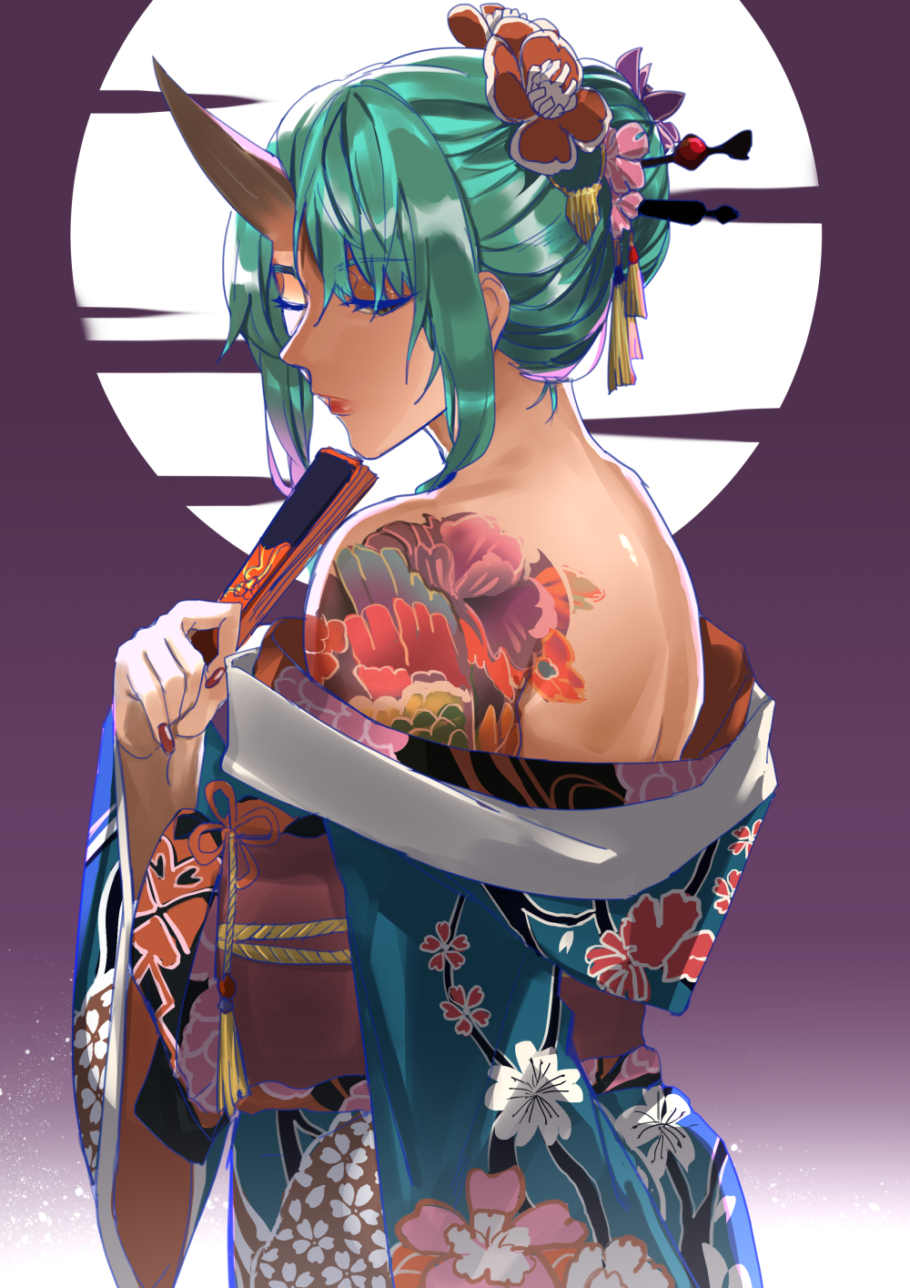 1girl alternate_hairstyle arknights bangs bare_shoulders commentary eyebrows_visible_through_hair fan floral_print folding_fan green_hair hair_ornament hair_stick half-closed_eyes highres holding holding_fan horns hoshiguma_(arknights) japanese_clothes kimono lipstick makeup nail_polish obi off_shoulder one_eye_closed purple_background red_lipstick ryopie sash shoulder_tattoo sidelocks single_horn solo tattoo upper_body