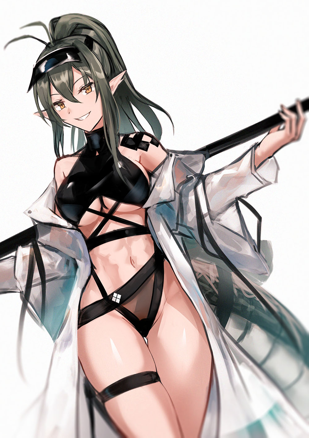 1girl alternate_hairstyle antenna_hair arknights bangs bare_shoulders breasts commentary cowboy_shot crop_top gavial_(arknights) grey_hair grin groin hair_between_eyes highres lodbyy long_hair long_sleeves looking_at_viewer midriff navel off_shoulder open_clothes open_shirt pointy_ears ponytail simple_background smile solo standing stomach tail thigh_strap thighs under_boob white_background yellow_eyes