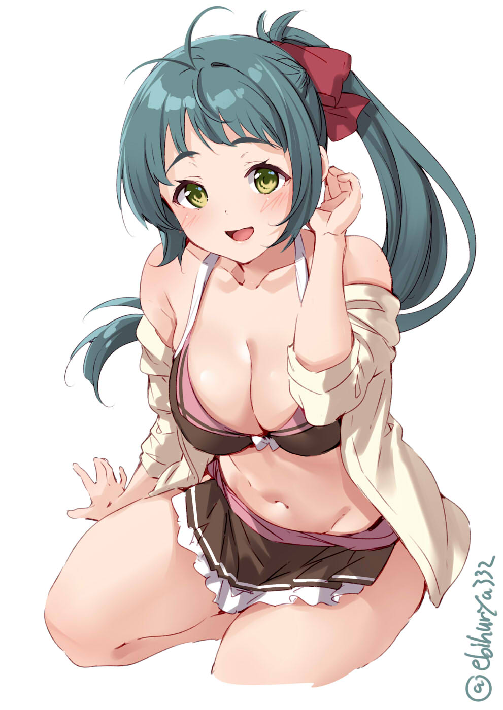 1girl bikini blush breasts cowboy_shot ebifurya front-tie_bikini front-tie_top green_hair hair_ribbon hand_behind_head highres irako_(kantai_collection) kantai_collection large_breasts long_hair navel ponytail ribbon smile swimsuit thighs twitter_username white_background yellow_eyes