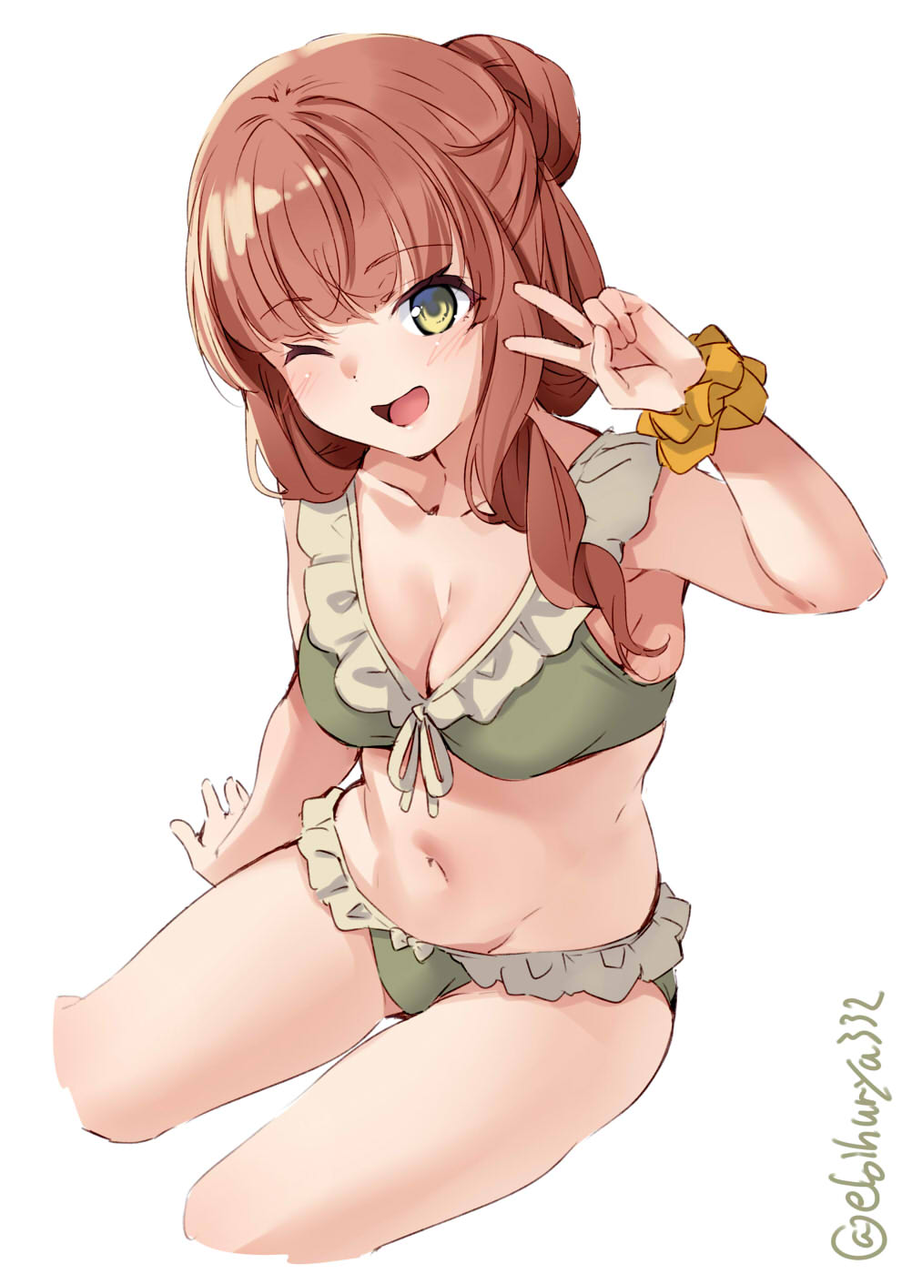 1girl ;d bangs blunt_bangs braid breasts collarbone cowboy_shot curly_hair de_ruyter_(kantai_collection) ebifurya frilled_swimsuit frills green_eyes green_swimsuit highres kantai_collection long_hair medium_breasts one_eye_closed open_mouth redhead side_braid smile swimsuit twitter_username v white_background