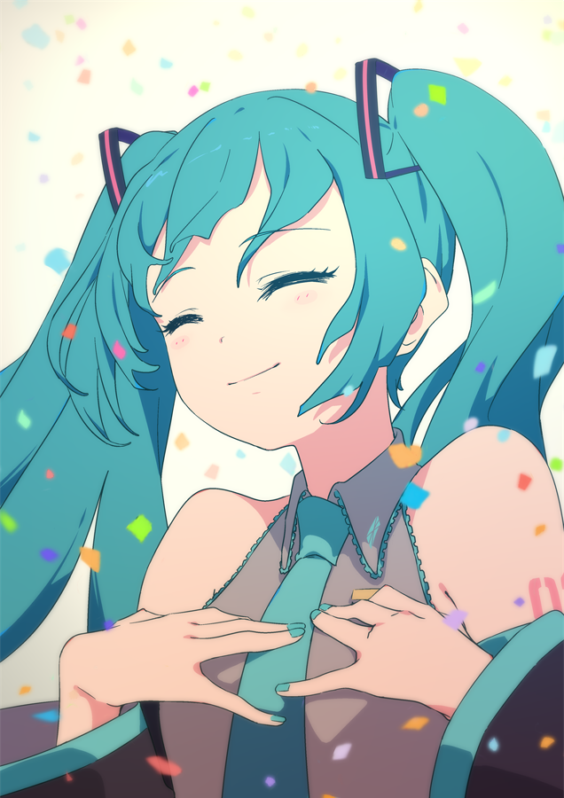 1girl bangs bare_shoulders black_sleeves blue_hair blue_nails blue_neckwear blush brown_background closed_eyes closed_mouth collared_shirt confetti detached_sleeves eyebrows_visible_through_hair facing_viewer grey_shirt hair_between_eyes hair_ornament hands_up hatsune_miku long_hair long_sleeves nail_polish necktie shirt sleeveless sleeveless_shirt smile sohin solo twintails vocaloid wide_sleeves