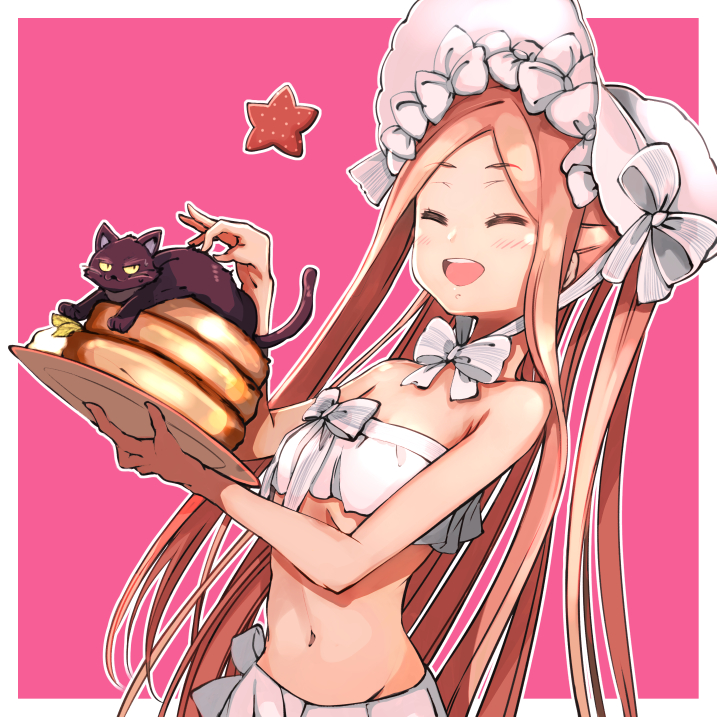 1girl abigail_williams_(fate/grand_order) abigail_williams_(swimsuit_foreigner)_(fate) bangs bare_shoulders bikini black_cat blonde_hair blush bonnet bow breasts cat closed_eyes fate/grand_order fate_(series) food forehead grimjin hair_bow long_hair miniskirt navel open_mouth pancake panties parted_bangs pink_panties plate sidelocks skirt small_breasts smile star_(symbol) swimsuit twintails underwear very_long_hair white_bikini white_bow white_headwear