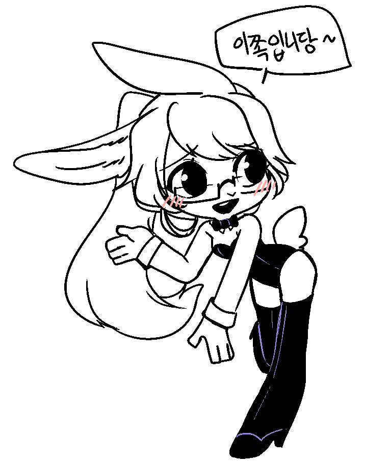 1girl :d animal_ears animal_nose bare_shoulders black_eyes black_footwear black_leotard black_neckwear blush bow bowtie breasts bunny_girl bunny_tail chibi commentary_request detached_collar eyebrows_visible_through_hair full_body furrowed_eyebrows furry glasses hair_between_eyes korean_commentary korean_text leg_up leotard long_hair medium_breasts open_mouth original rabbit rabbit_ears ressue_(gomgom) semi-rimless_eyewear simple_background sketch smile solo standing tail teeth translation_request under-rim_eyewear white_background white_fur white_hair wrist_cuffs
