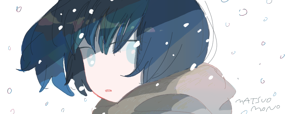 1girl bangs blue_eyes blue_hair bob_cut close-up dark_blue_hair expressionless face floating_hair from_side hair_between_eyes light_blue_eyes looking_at_viewer looking_to_the_side matsuo_mono no_nose original outdoors parted_lips portrait short_hair signature snowing solo white_background wind