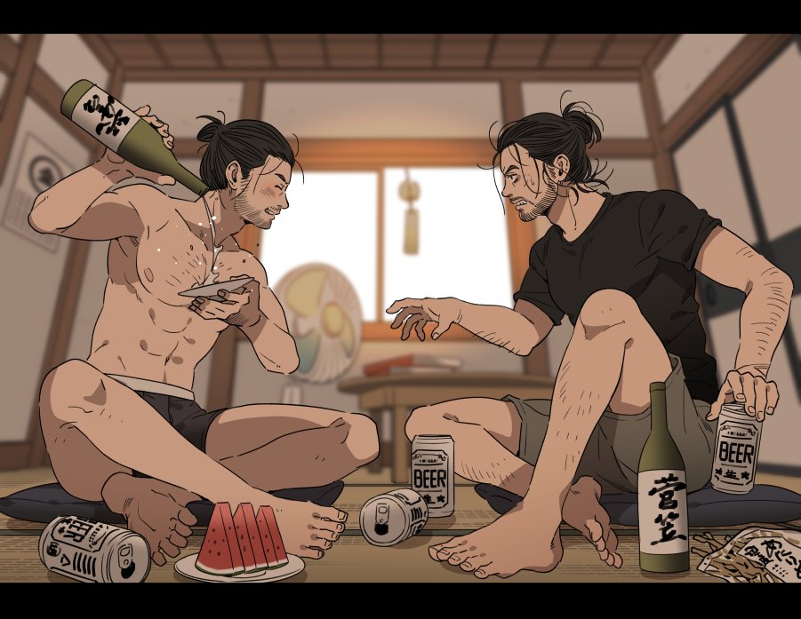 2boys ^_^ abs annoyed arm_hair arm_up barefoot beer_can black_hair black_shirt blurry blurry_background book bottle boxers calendar_(object) can chest_hair closed_eyes collarbone contemporary cup cushion drunk electric_fan facial_hair facing_another food frown fruit full_body ghost_of_tsushima grey_shorts grin hair_bun holding holding_bottle holding_can holding_cup indian_style indoors knee_up leg_hair looking_at_another male_focus messy_hair multiple_boys nipples pectorals plate pouring profile ryuzo_(ghost_of_tsushima) sakai_jin sakazuki sake_bottle shirt shirtless short_hair shorts sitting sliding_doors smile snack stubble table underwear watermelon wind_chime window yukko93