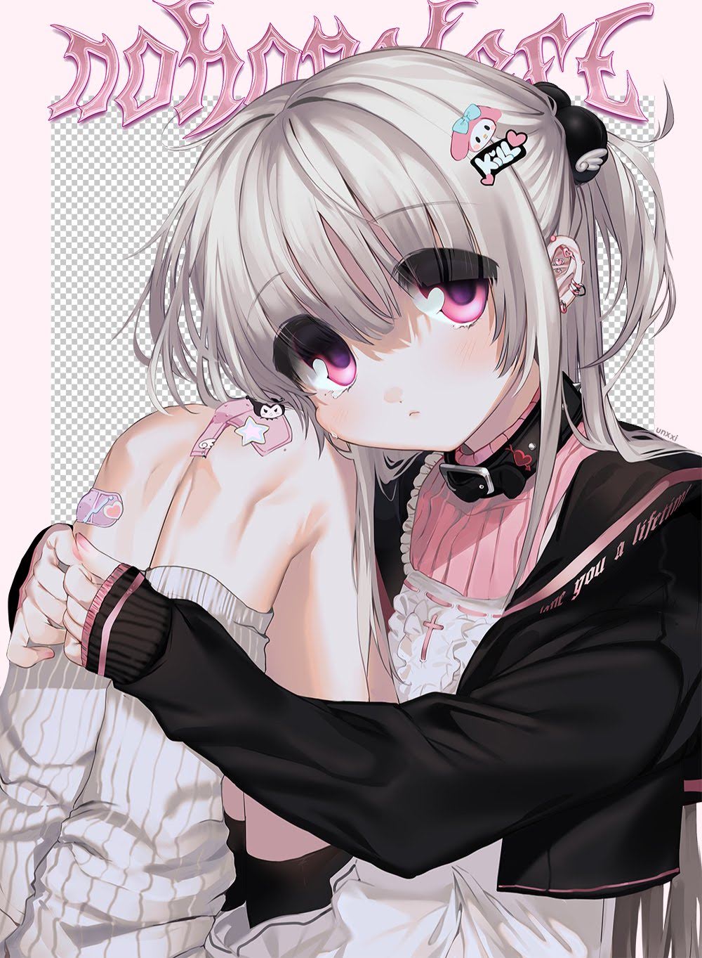 bad_id bad_twitter_id bandaid bandaid_on_knee ear_piercing grey_hair hair_bobbles hair_ornament highres long_hair original piercing pink_eyes socks sticker tagme unxi